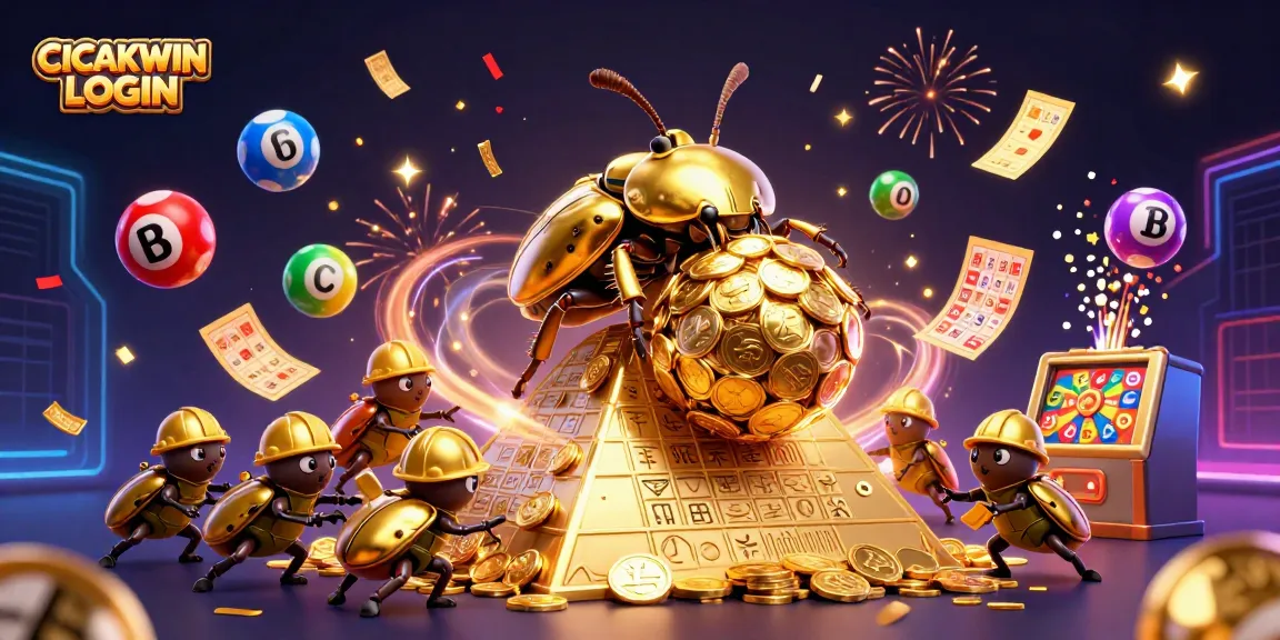 CICAKWIN LOGIN ensures exciting gameplay with a golden beetle rolling vast treasure in a vibrant casino world.