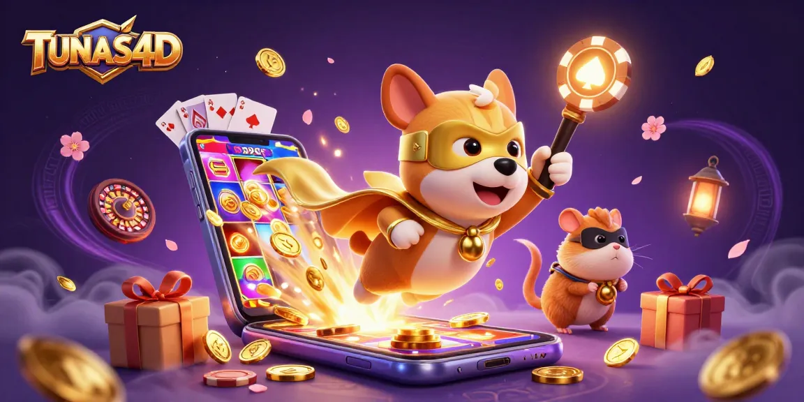 TUNAS4D features a superhero dog and hamster amidst vibrant casino elements and dynamic gaming action.