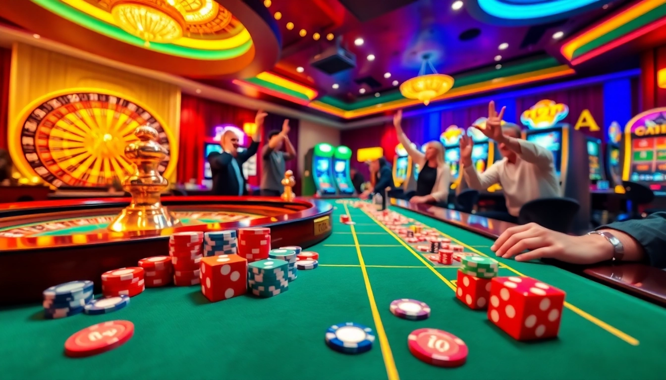 Excited players winning at a casino scene showcasing https://f168.vision/ with vibrant roulette and slot games.