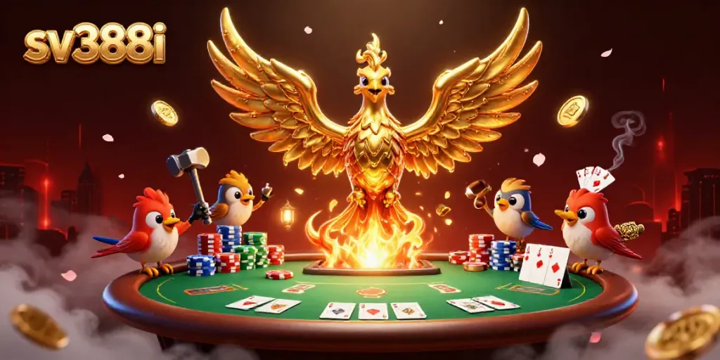 Experience the thrill of sv388i with a dynamic 3D casino scene showcasing a phoenix and poker elements.