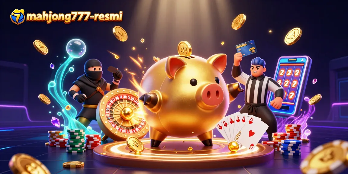Engage with mahjong777-resmi's exciting gaming scene showcasing dynamic characters amid cascading coins and roulette elements.