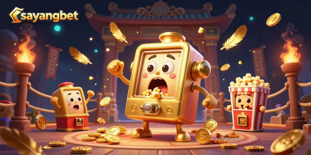 Celebrate jackpots with sayangbet's thrilling illustration of a magical slot machine.