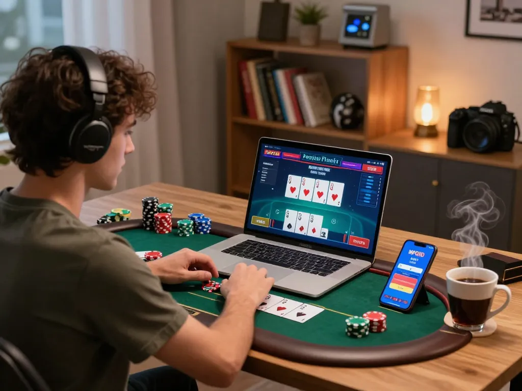 Engaged player using MPOID for online poker gaming at a cozy home setup, showcasing strategic gameplay.