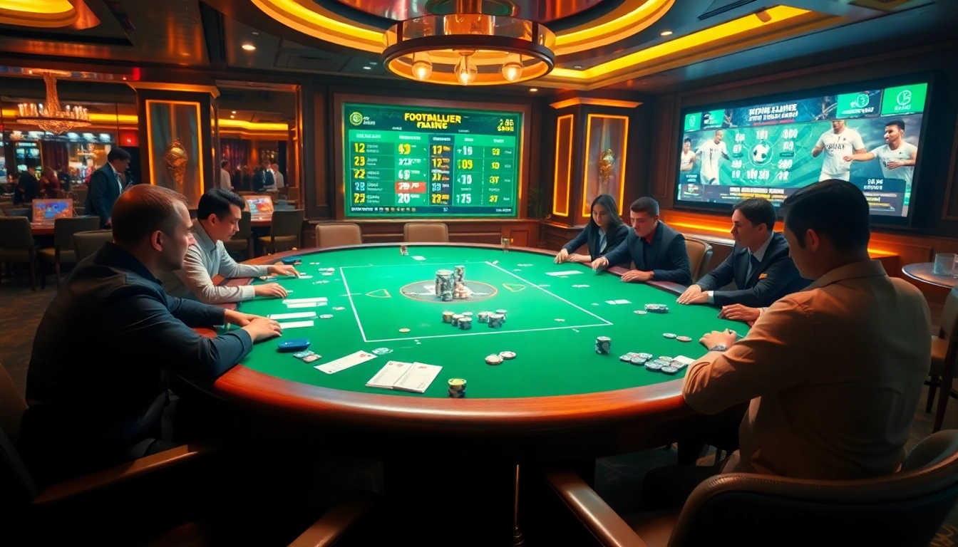 Cá độ bóng đá betting scene with an elegant football betting table and excited players.