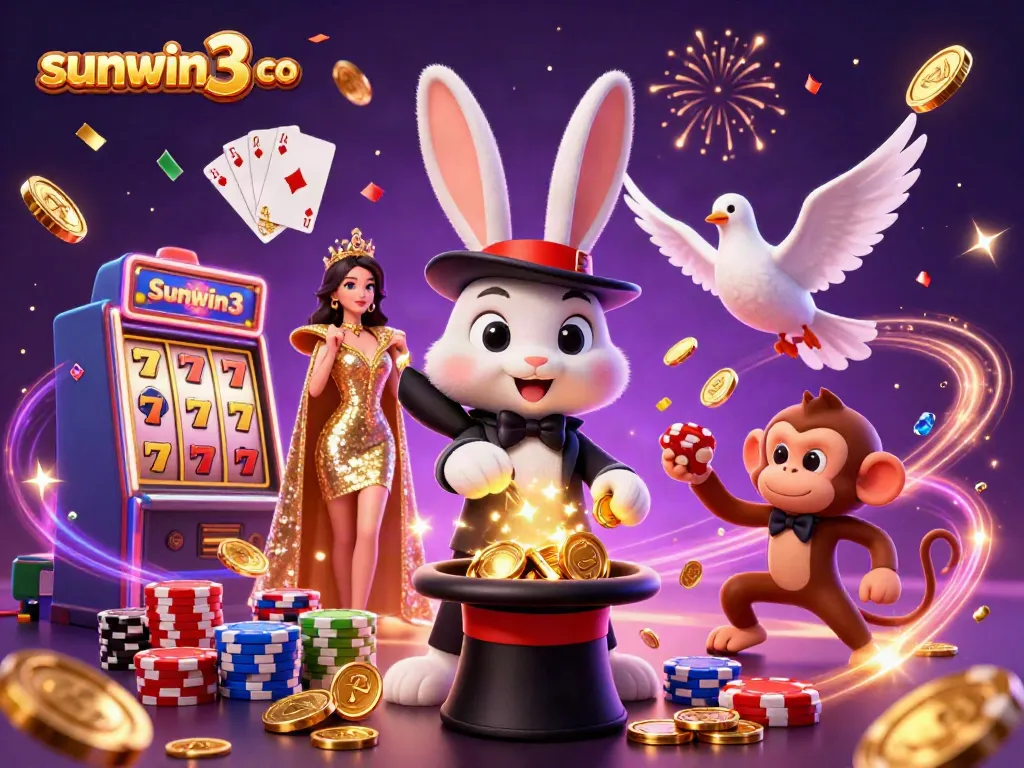 Experience the excitement of sunwin3 co with a magical casino scene featuring a charming rabbit conjuring coins.