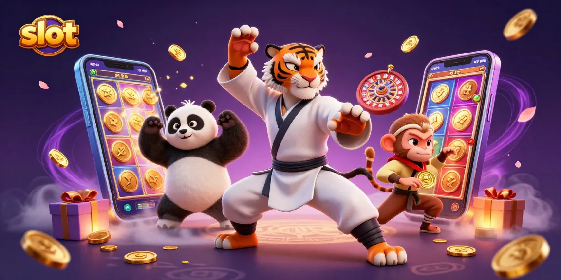 Experience thrilling slot action as cartoon characters engage with vibrant slot games and golden coins.