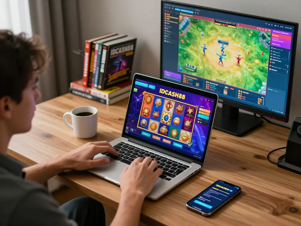 Player enjoying gameplay on IDCASH88 app with vibrant online gaming setup in cozy home.