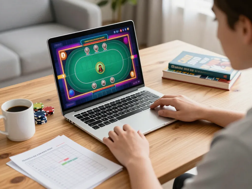MPO08 player strategizing during an online poker session at home, showcasing responsible gaming.