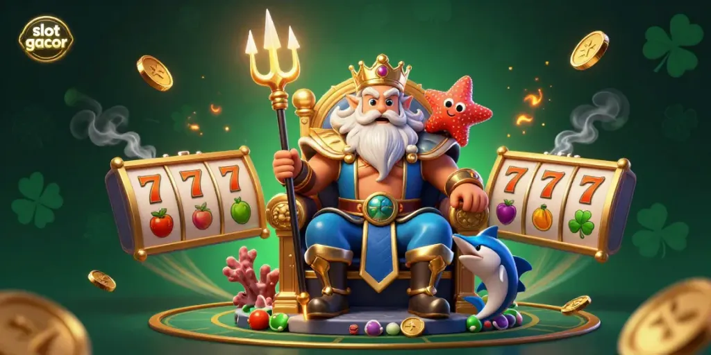 Experience thrilling slot gacor action as characters enthrall in a dynamic casino scene with gold coins and vibrant symbols.
