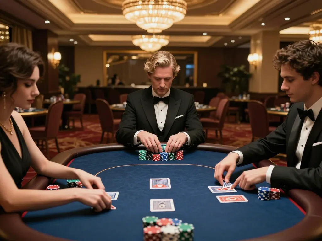 KADAL778 players strategizing during a high-stakes poker game in a luxurious casino setting.