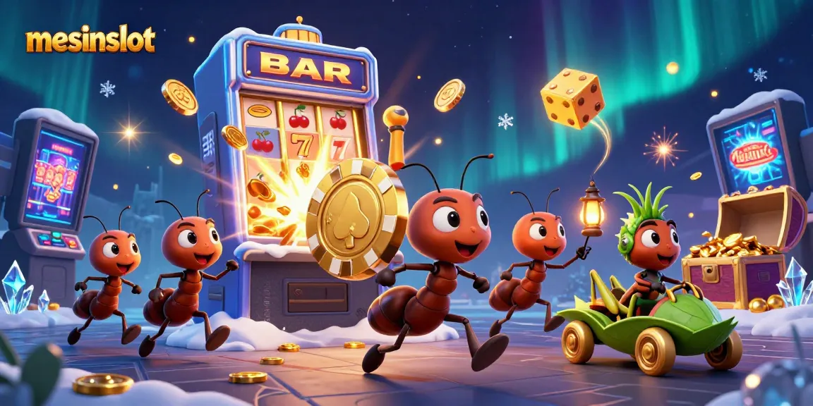 Experience thrilling slots with mesinslot as ants heist golden chips among cascading coins and game elements.