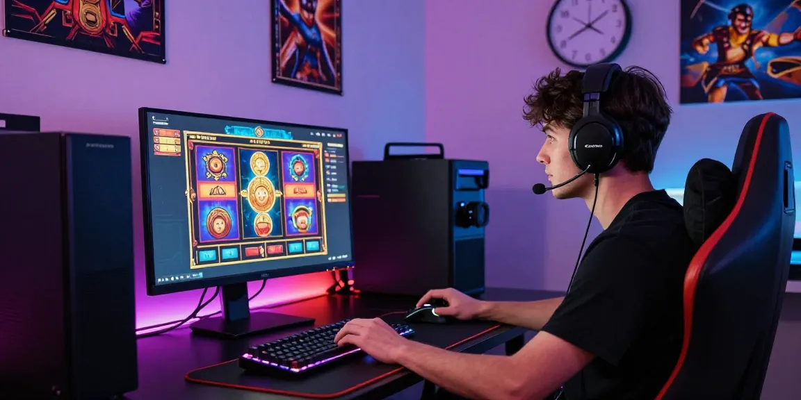 Login Modal138: Pemain slot online sedang fokus pada layar dengan alat permainan modern dan suasana yang energik.