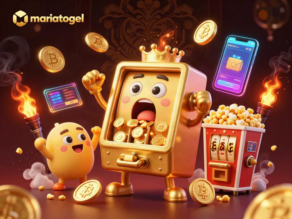 Experience the excitement of mariatogel as a golden slot machine hits the jackpot with vibrant casino elements.