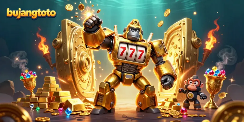 Experience bujangtoto action with a golden gorilla mech striking amidst a burst of coins and gems.