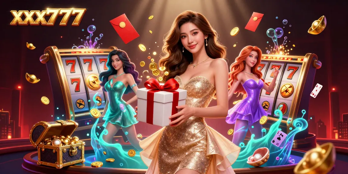 Experience thrilling gameplay at xxx777's vibrant casino, with gold coins pouring from gift boxes.