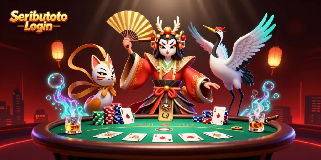 Engage in Seributoto Login with dynamic poker action featuring a kabuki warrior and kitsune.