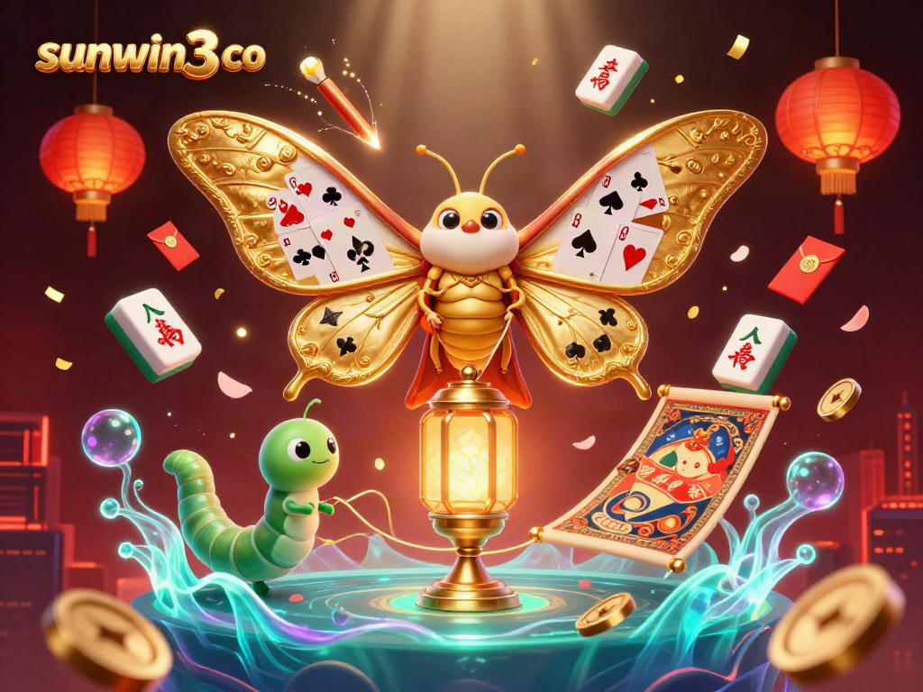Experience the vibrant world of sunwin3 co with a dynamic scene of a 3D cartoon atlas moth and casino elements.