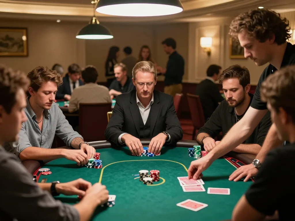 KADAL778 players engaged in an intense poker game, showcasing high-stakes gameplay with chips and cards in focus