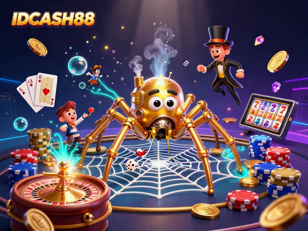 Enjoy thrilling games at IDCASH88 with an elaborate steampunk spider illustration conquering dice amidst dazzling golden coins and gems.