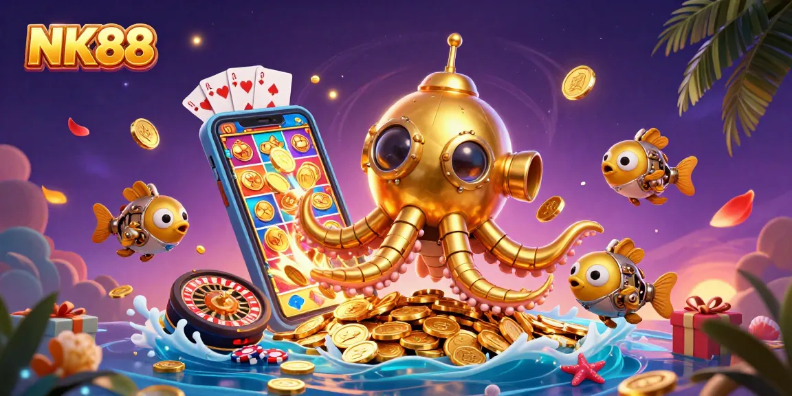 Experience thrilling gameplay with NK88's vibrant 3D illustration of a kraken submarine in a treasure-filled ocean.