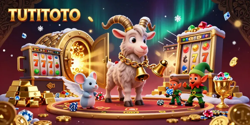 TUTITOTO showcases a festive gambling scene with a Krampus goat managing games, angel mouse, and elf gremlins stealing chips.