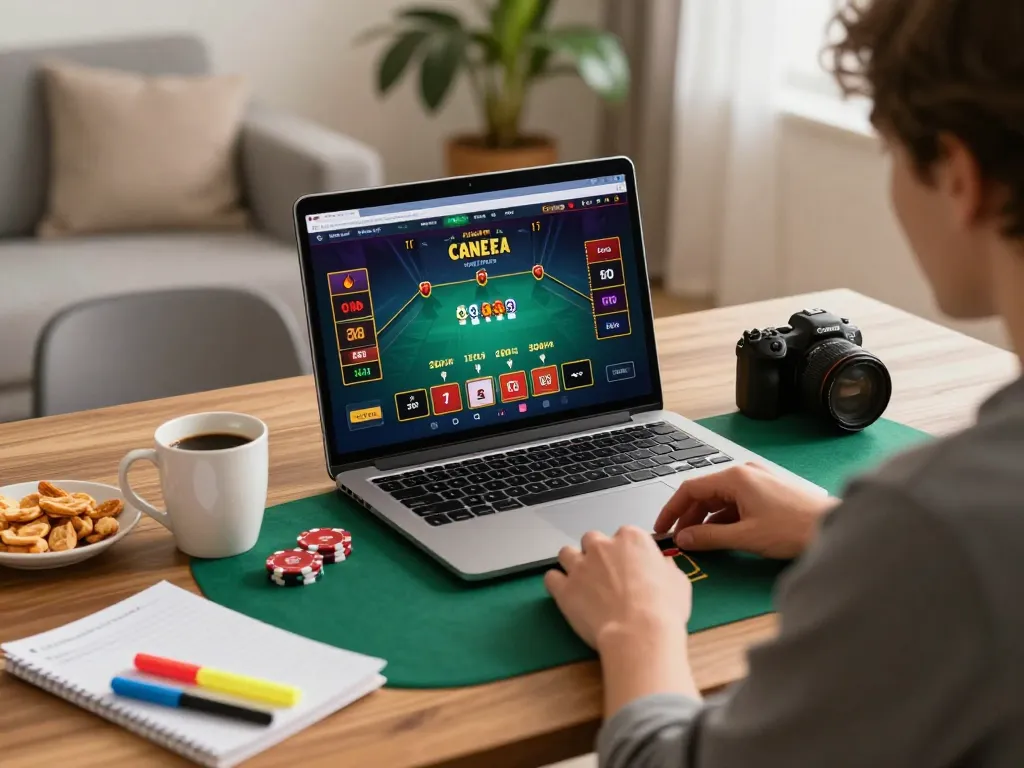 Engaging gaming session on trang chủ UG88 with player strategizing poker on a laptop.
