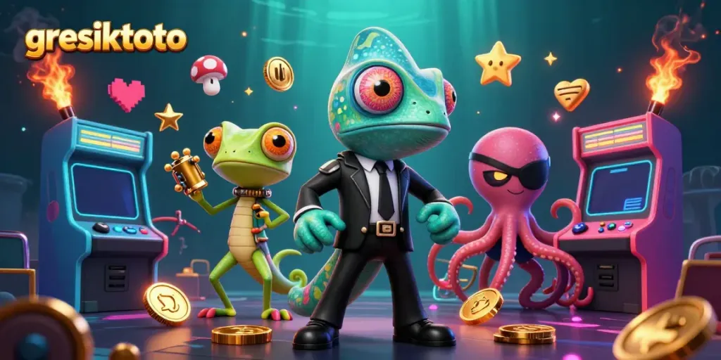 Engage with innovative gaming at gresiktoto, featuring vibrant casino-themed characters and colorful game elements.