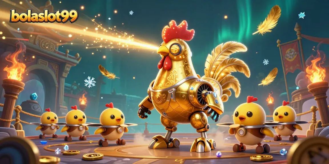 Engage with bolaslot99 casino action featuring a golden rooster robot and baby chick drones.