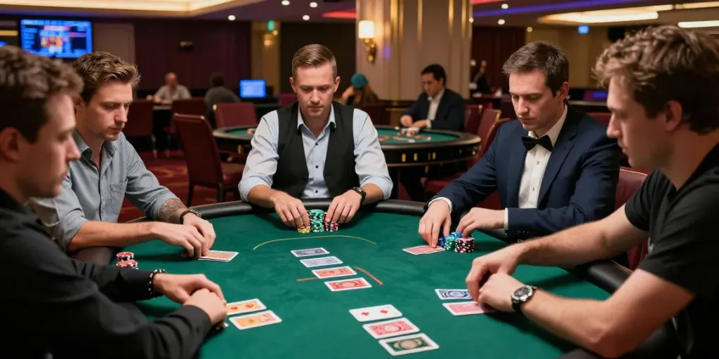 Gambaran pengalaman permainan ratutogel login di kasino dengan pemain berdiskusi intens.