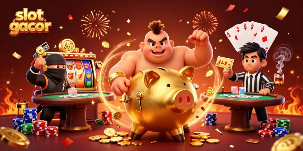 Slot gacor: ilustrasi 3D menampilkan karakter kasino yang dinamis dan elemen permainan menarik.