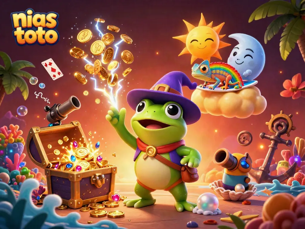 Menangkan hadiah di nias toto dengan ilustrasi kasino memukau yang menggambarkan si frog penyihir cuaca dan chameleon pelangi.