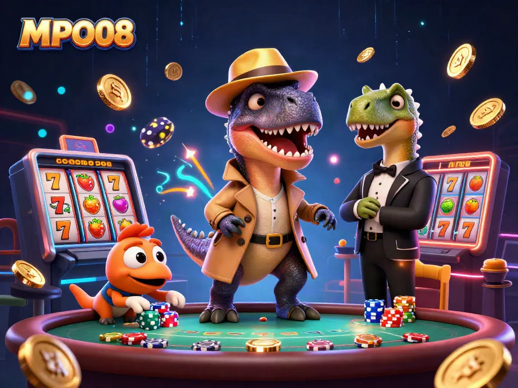 MPO08 delivers thrilling casino action with vibrant slot reels and playful dinosaur characters at the blackjack table.