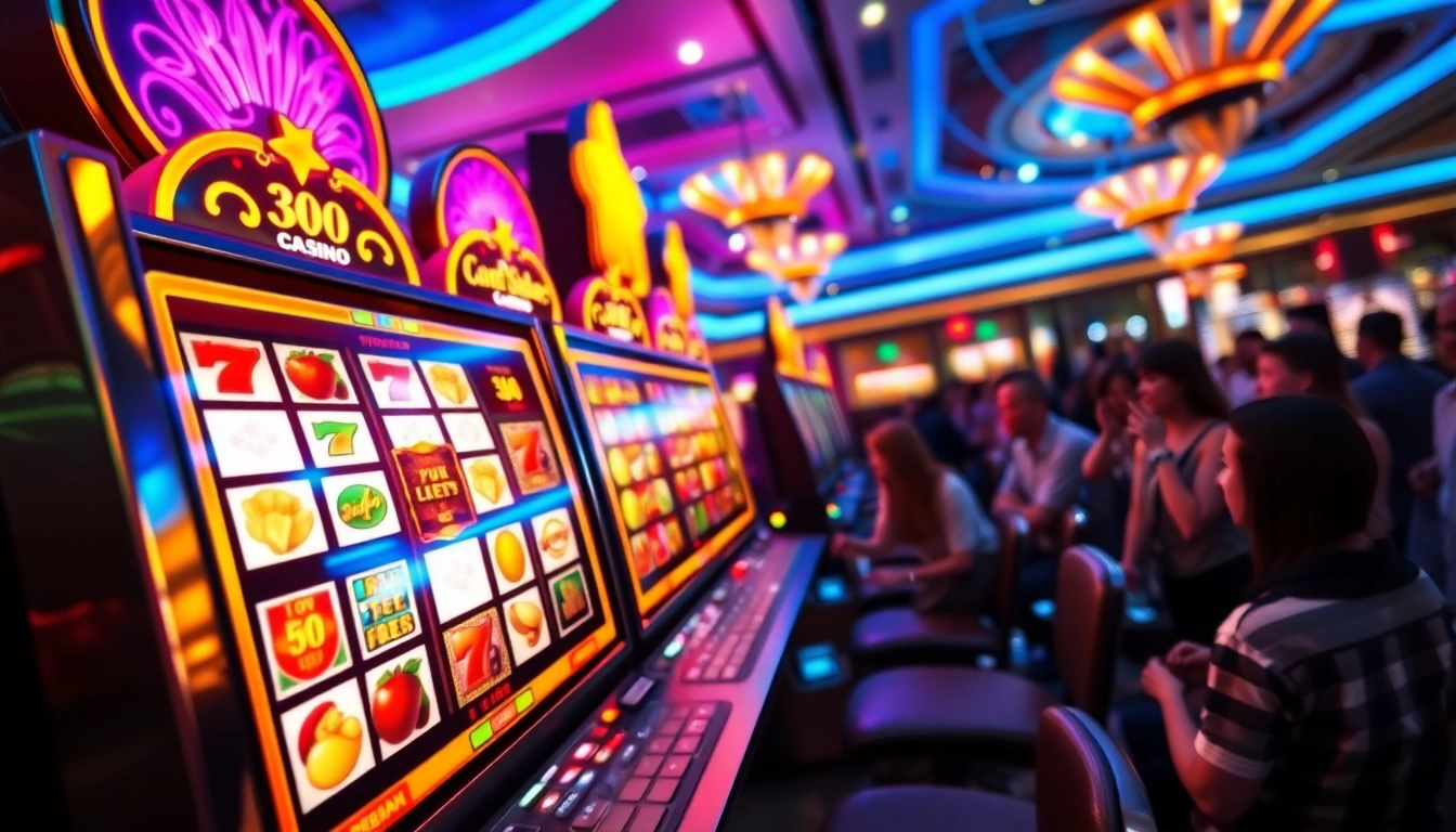 Permainan slot yang menarik di kasino, menampilkan mesin dengan lampu dan pemain yang bersemangat.