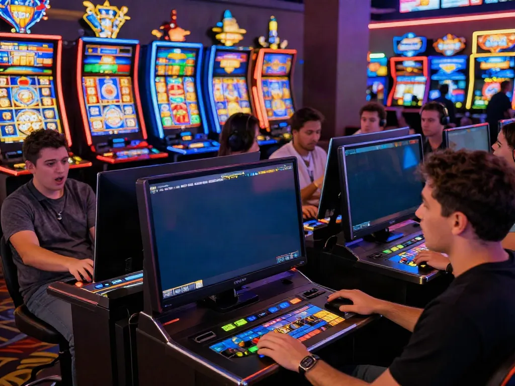 Pengalaman bermain slot online di NAGAHOKI303 dengan pemain bersemangat dan mesin slot berwarna-warni.