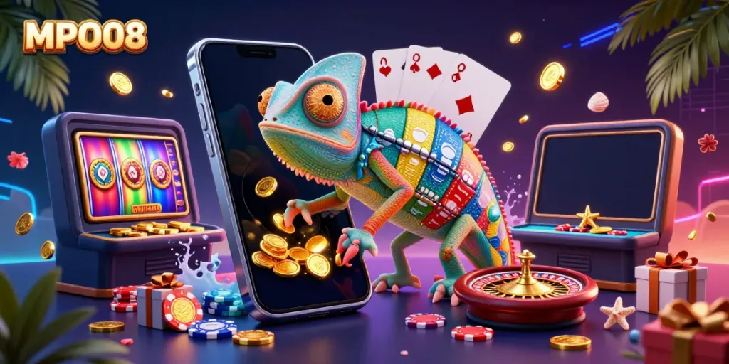 MPO08's vibrant 3D casino scene with a chameleon owner and dynamic gambling elements.