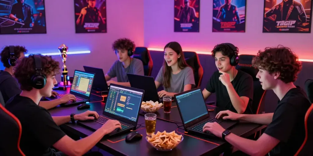 Friends playing unsurtoto online Togel game together while enjoying snacks and drinks.