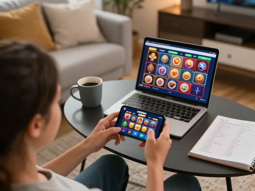 Player exploring exciting games on UGDEWA mobile app in a cozy home setting