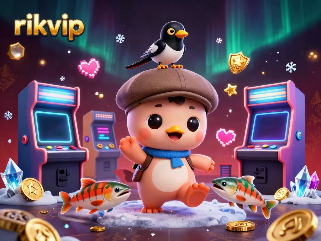 Experience the excitement of rikvip with a whimsical 3D illustration of gaming characters and vibrant arcade elements.