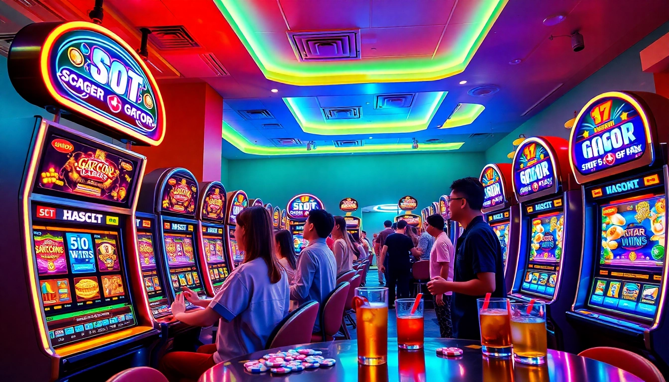 Exciting scene of slot gacor machines in a lively casino with players winning big.