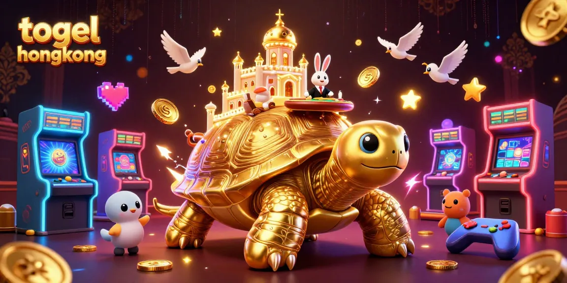 Engage with togel hongkong excitement as a golden tortoise casino shines with a rabbit dealer amidst flying coins.