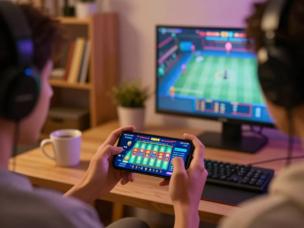 Pengalaman bermain apk slot mobile yang menarik di smartphone dalam suasana rumah yang nyaman dengan pencahayaan hangat