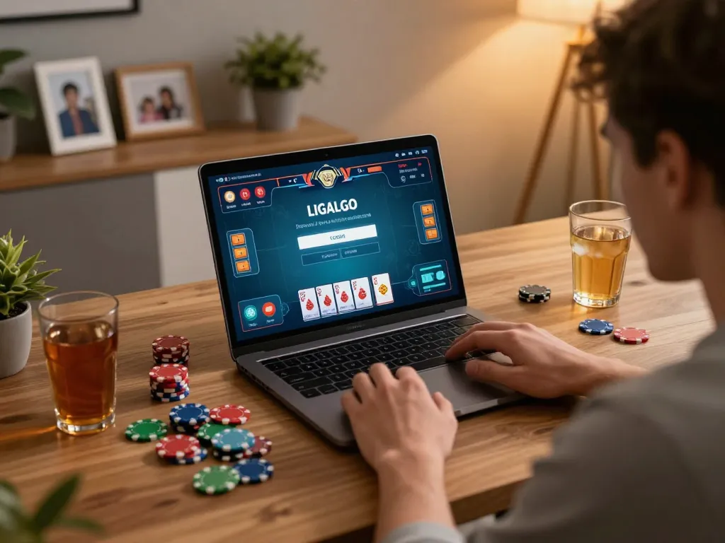 Player using LIGALGO LOGIN on laptop with gaming interface, cozy home setting, vibrant atmosphere.