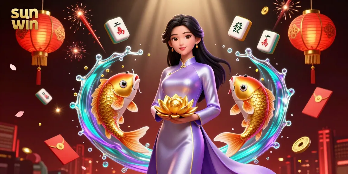 Experience the thrill of sun win with a vibrant Asian-themed casino illustration showcasing dynamic gaming elements.