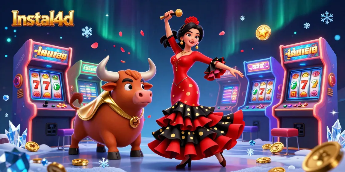 Engage with Instal4d's vibrant casino atmosphere through a captivating 3D illustration of thrilling gameplay and colorful characters.