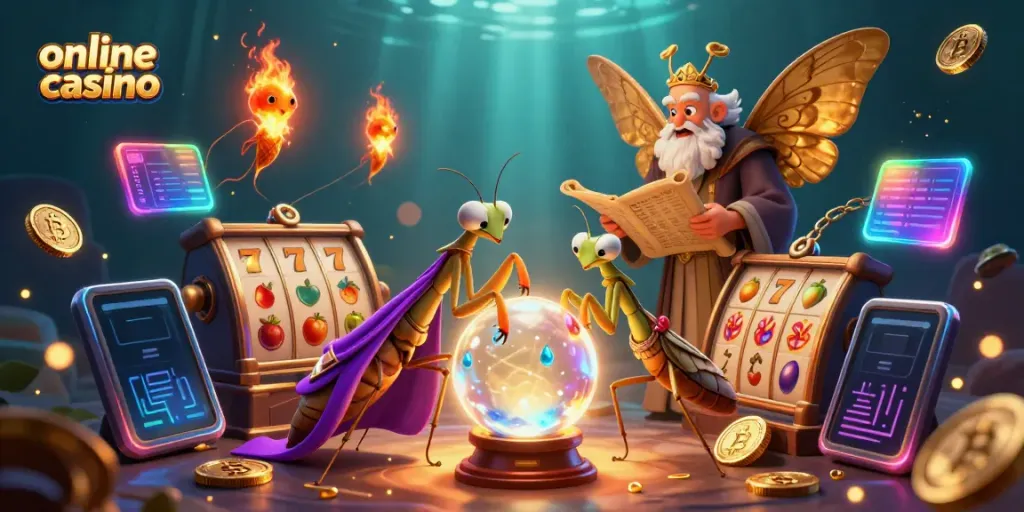 Engaging illustration showcasing online casino excitement with mystical characters and slot game elements.