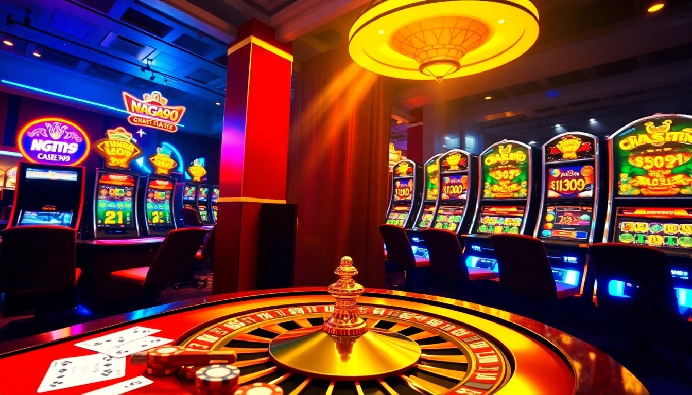 Naga99 online casino scene featuring vibrant poker chips, slot machines, and roulette wheel.