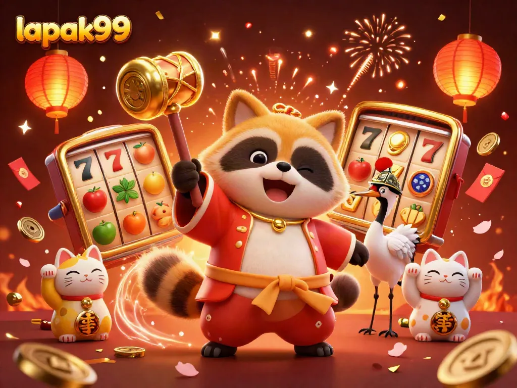 Spin to win with lapak99 in this vibrant casino-themed 3D illustration featuring lucky characters and gold.