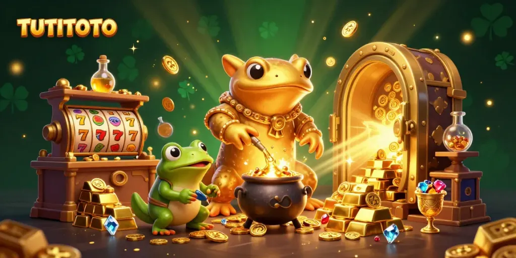 Experience winning with TUTITOTO in a dynamic casino scene filled with slot reels, gold coins, and mystical characters.
