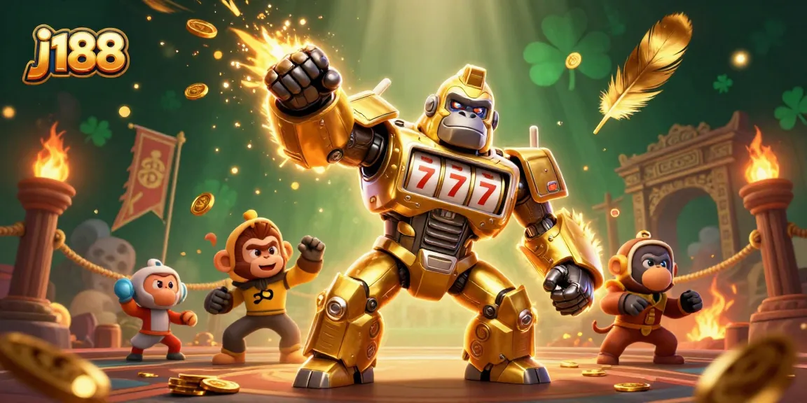 Engage with the j188 casino world in an explosive scene featuring a golden gorilla mech.
