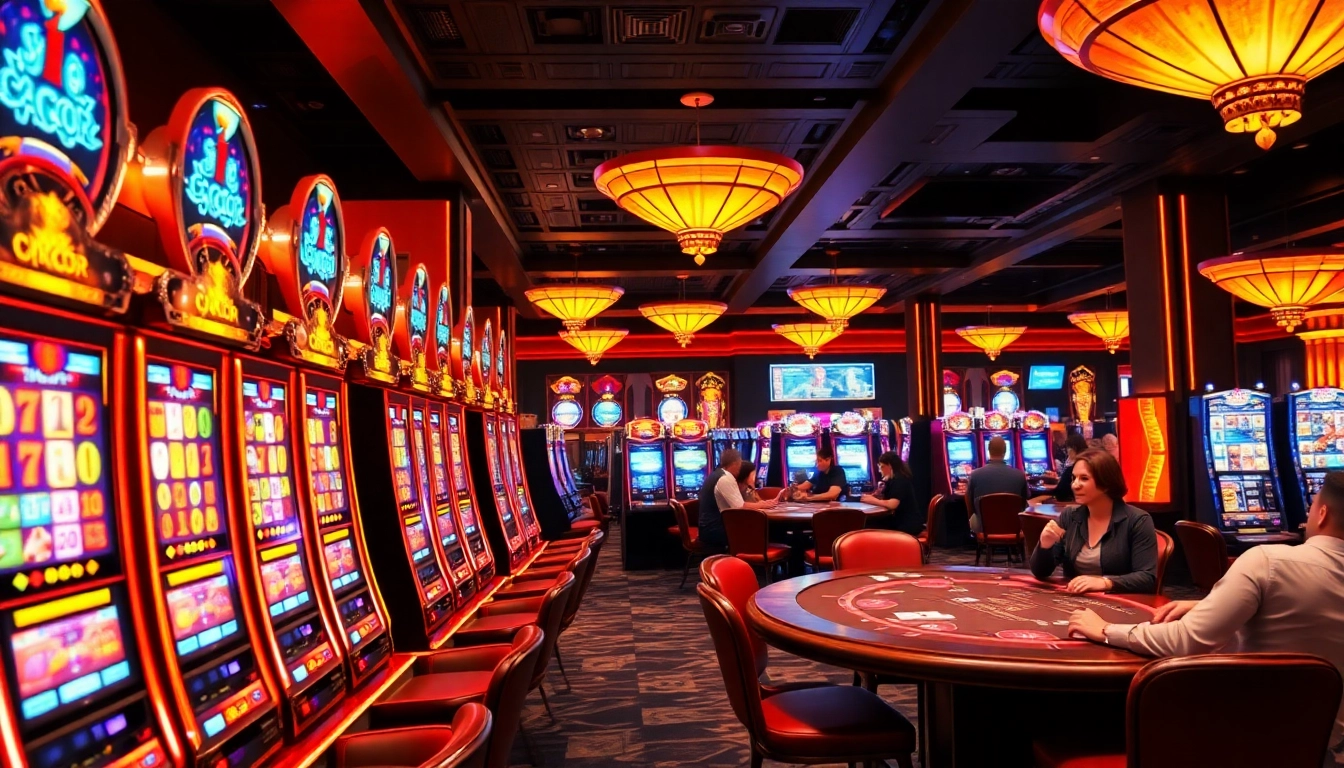 Experience the thrill of Slot Gacor with vibrant gaming machines and players enjoying casino excitement.